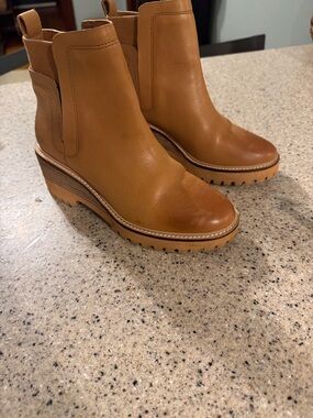 Vince Camuto Cognac Leather Wedge Chelsea Ankle Boots